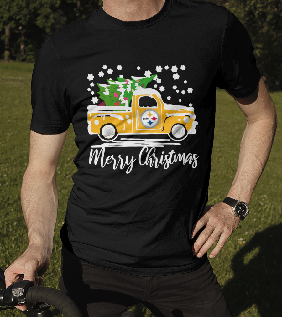 Pittsburgh Steelers Merry Christmas Vintage Car With Christmas Tree T-Shirt