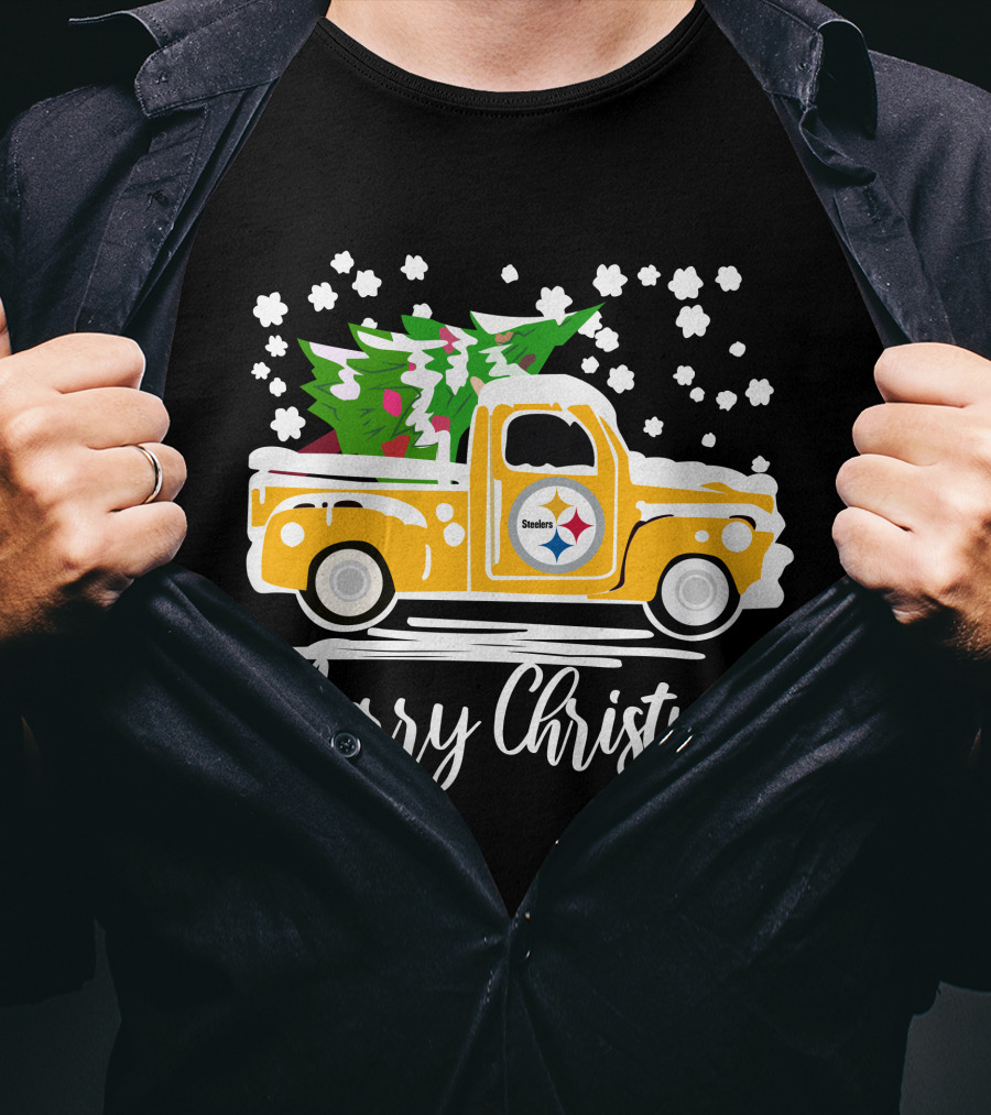 Pittsburgh Steelers Merry Christmas Vintage Car With Christmas Tree T-Shirt