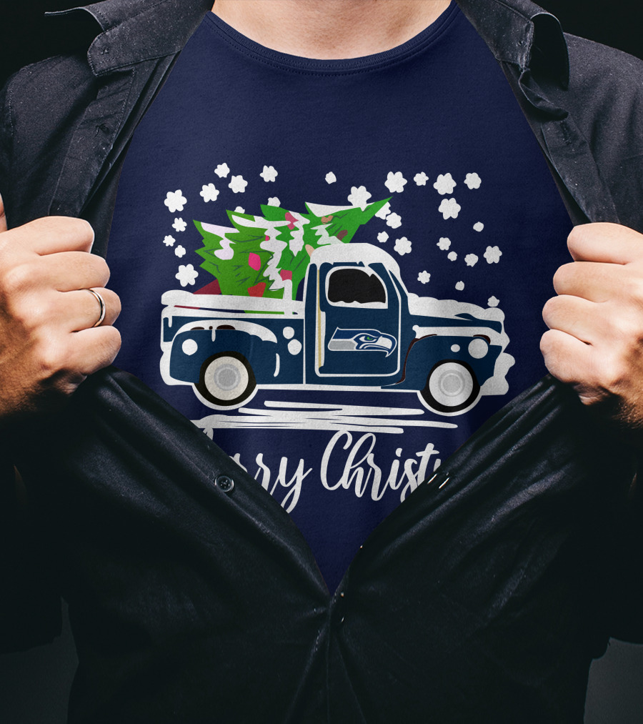 Seattle Seahawks Vintage Truck Merry Christmas Snowflakes And Tree T-Shirt