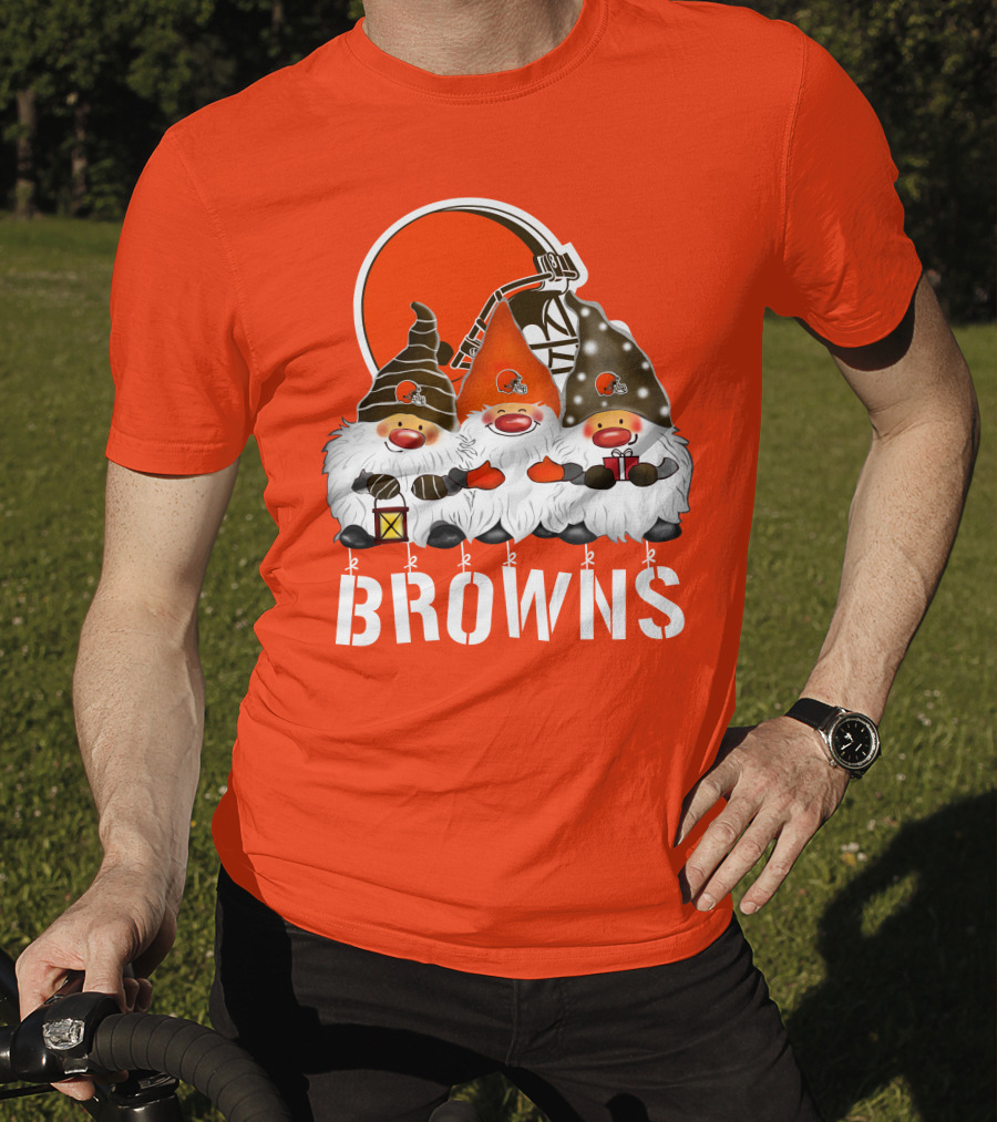 Cleveland Browns Merry Christmas Happy Holidays With Gnome Trio And Football Helmets T-Shirt