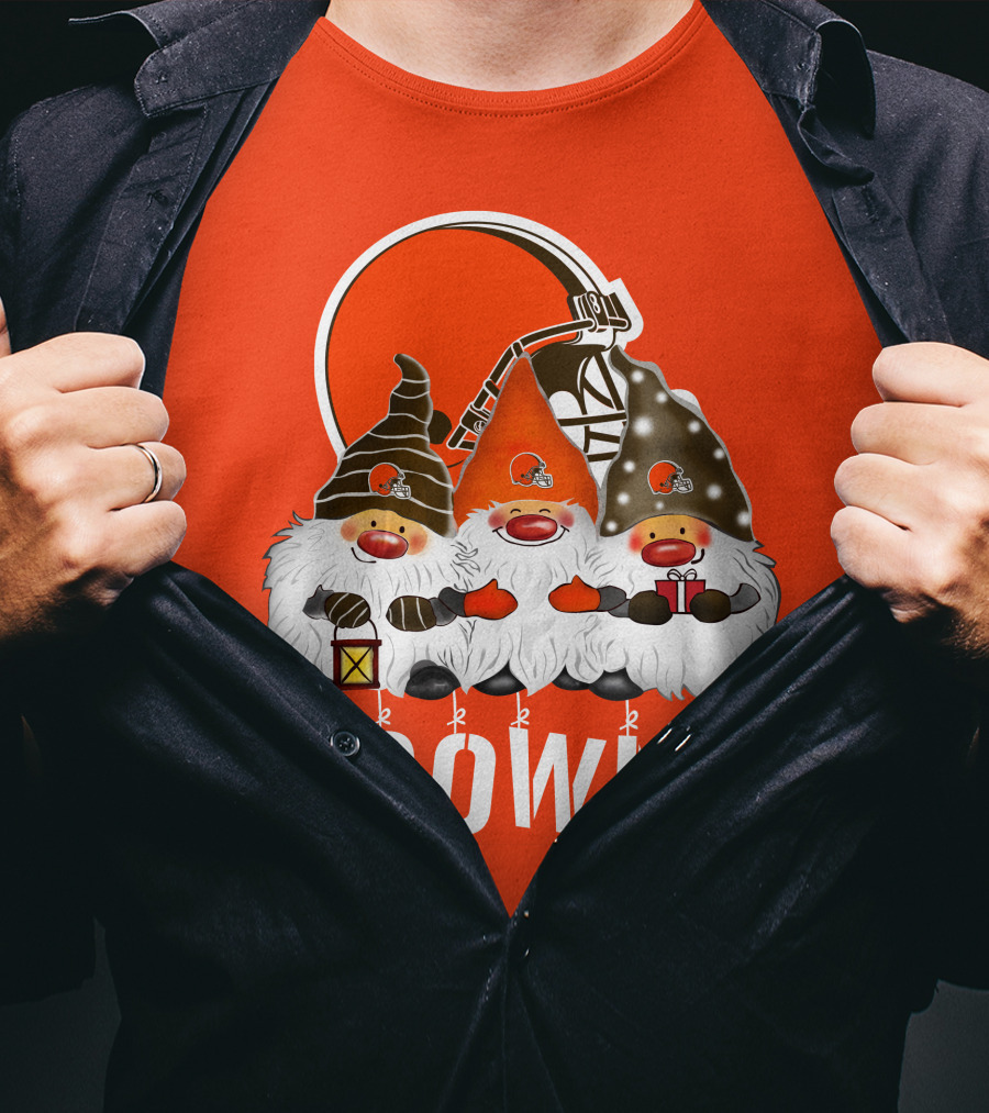Cleveland Browns Merry Christmas Happy Holidays With Gnome Trio And Football Helmets T-Shirt