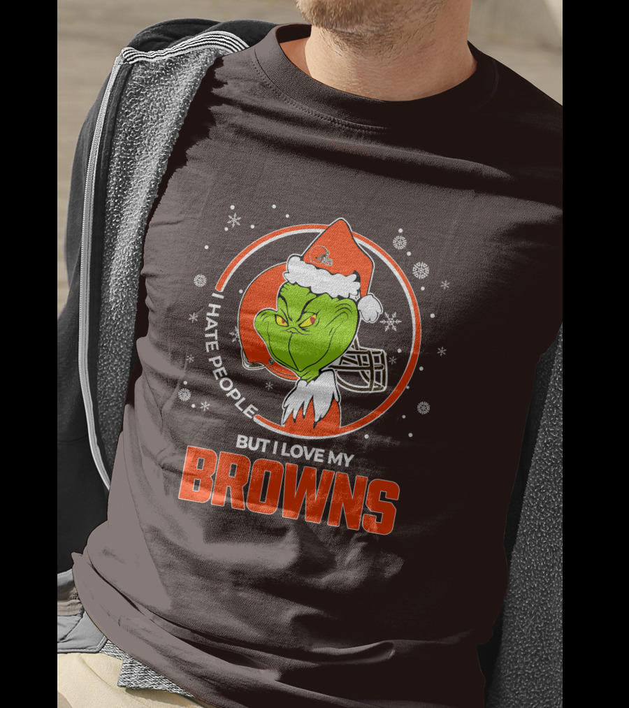 I Hate People But I Love My Cleveland Browns Grinch Santa Christmas T-Shirt