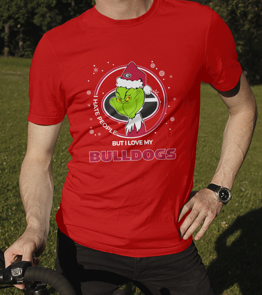 Christmas Grinch Santa I Hate People But I Love My Bulldogs Georgia T-Shirt