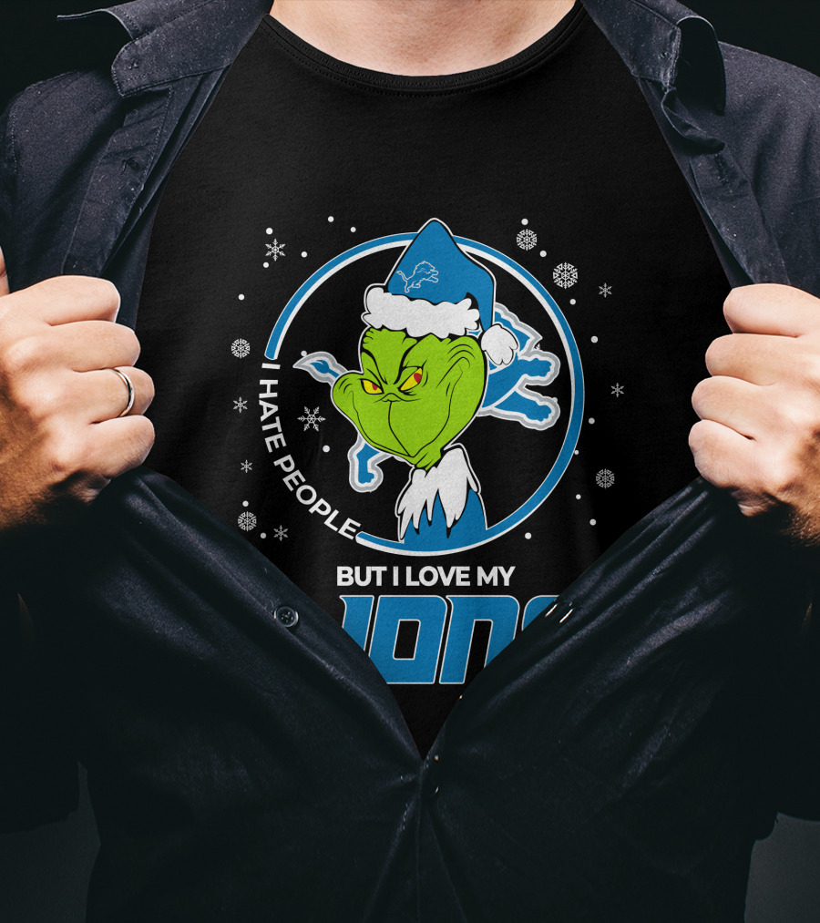 I Hate People But I Love My Detroit Lions Grinch Santa Christmas T-Shirt