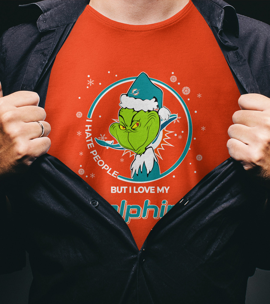Christmas Grinch Santa I Hate People But I Love My Dolphins Miami Dolphins T-Shirt