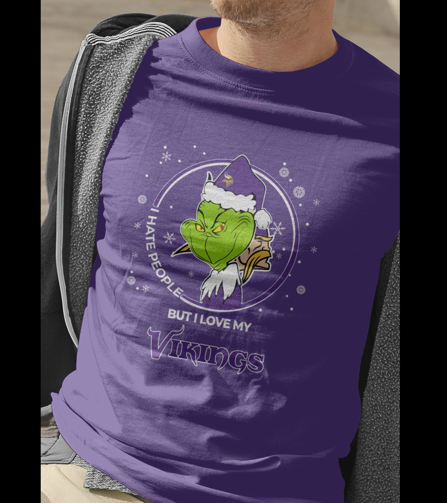 Christmas Grinch Santa I Hate People But I Love My Vikings T-Shirt