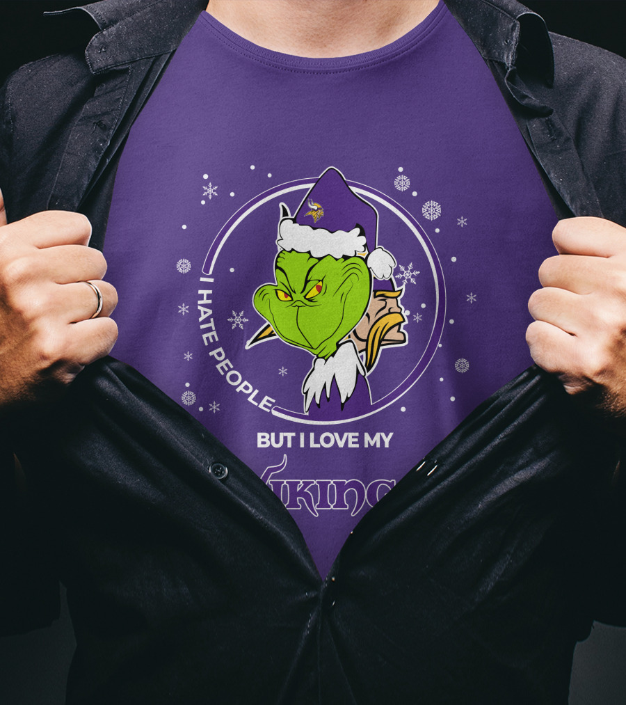 Christmas Grinch Santa I Hate People But I Love My Vikings T-Shirt