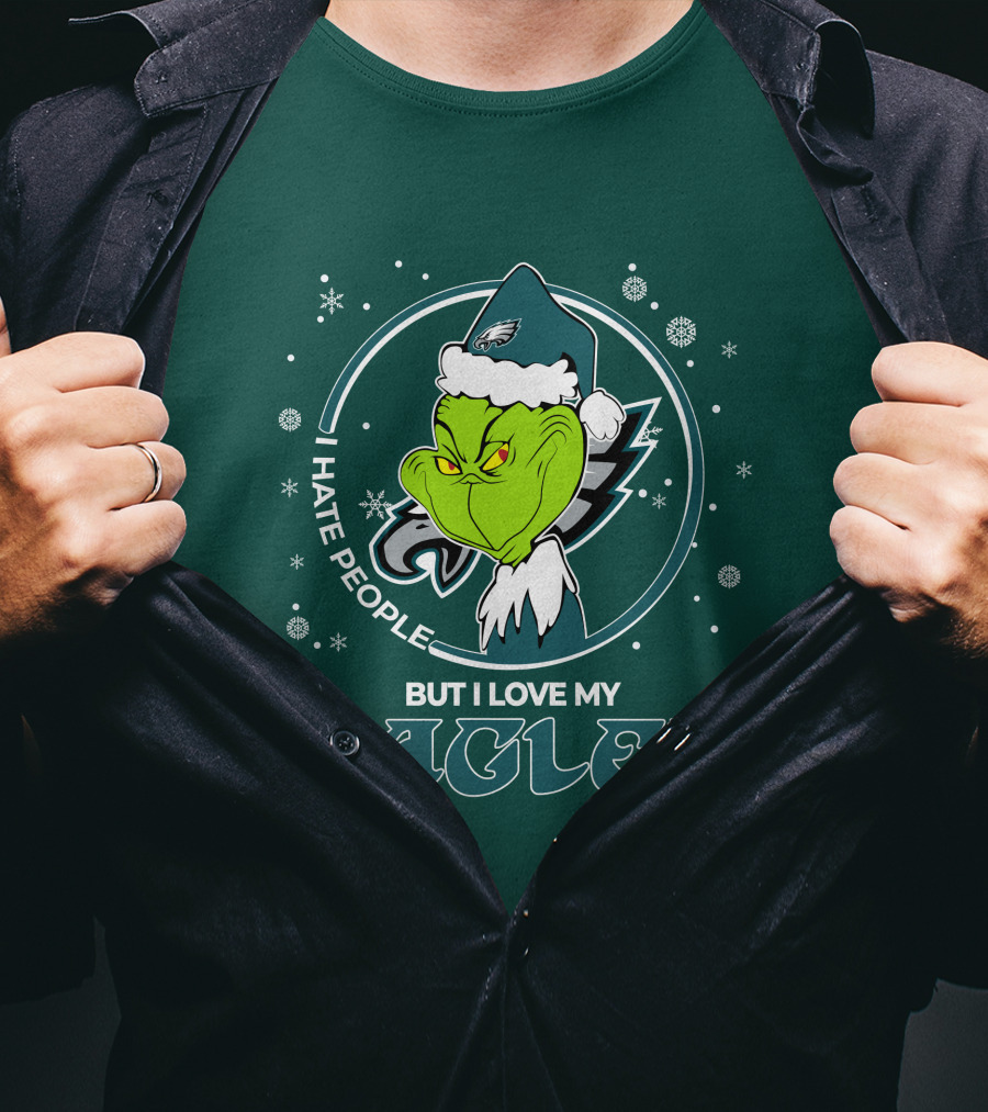 Christmas Grinch Santa I Hate People But I Love My Eagles Philadelphia T-Shirt