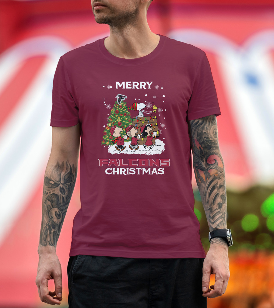 Merry Falcons Christmas Peanuts Tree Atlanta Snowflakes T-Shirt