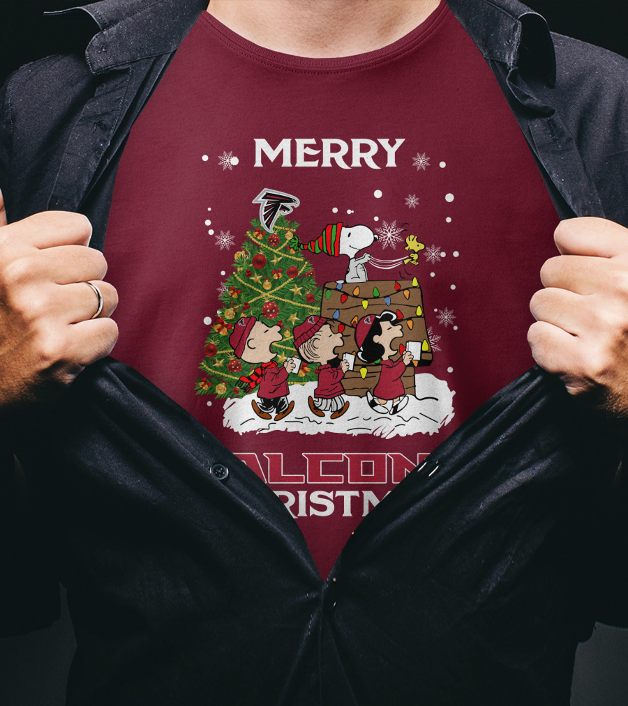 Merry Falcons Christmas Peanuts Tree Atlanta Snowflakes T-Shirt