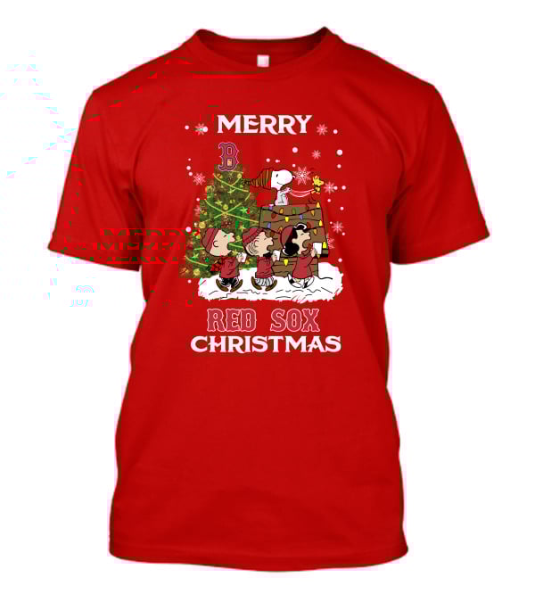 Merry Red Sox Christmas Tree With Snoopy And Friends T-Shirt