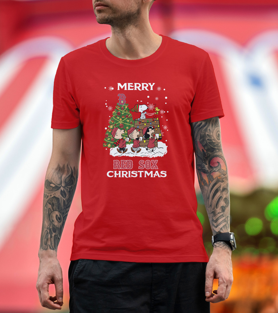 Merry Red Sox Christmas Tree With Snoopy And Friends T-Shirt
