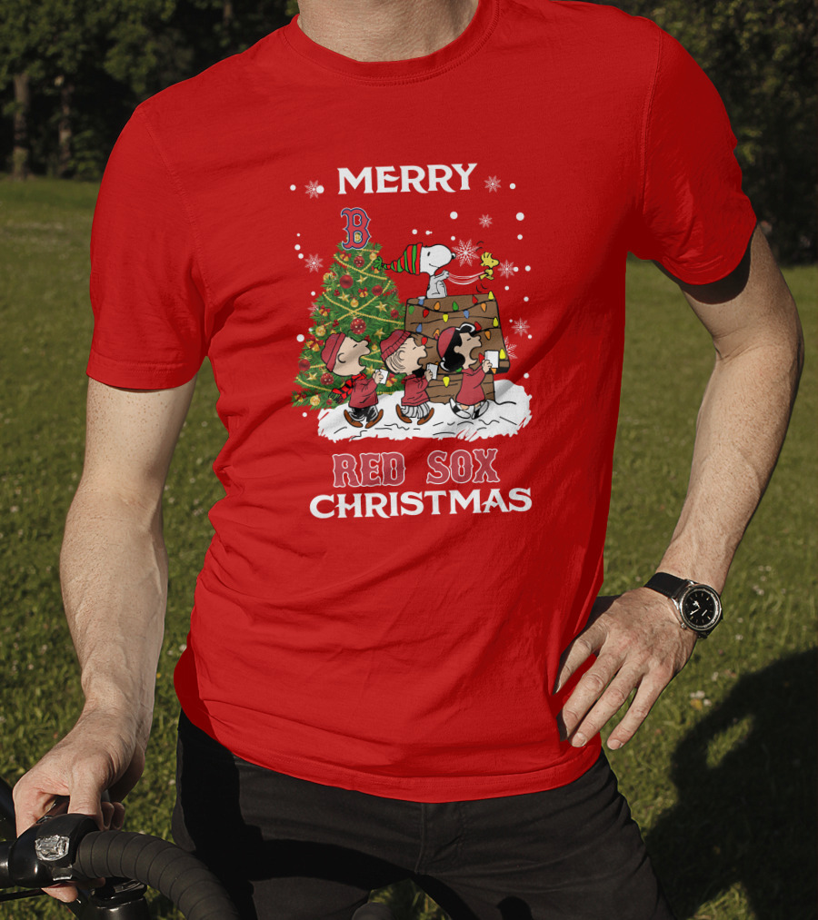 Merry Red Sox Christmas Tree With Snoopy And Friends T-Shirt