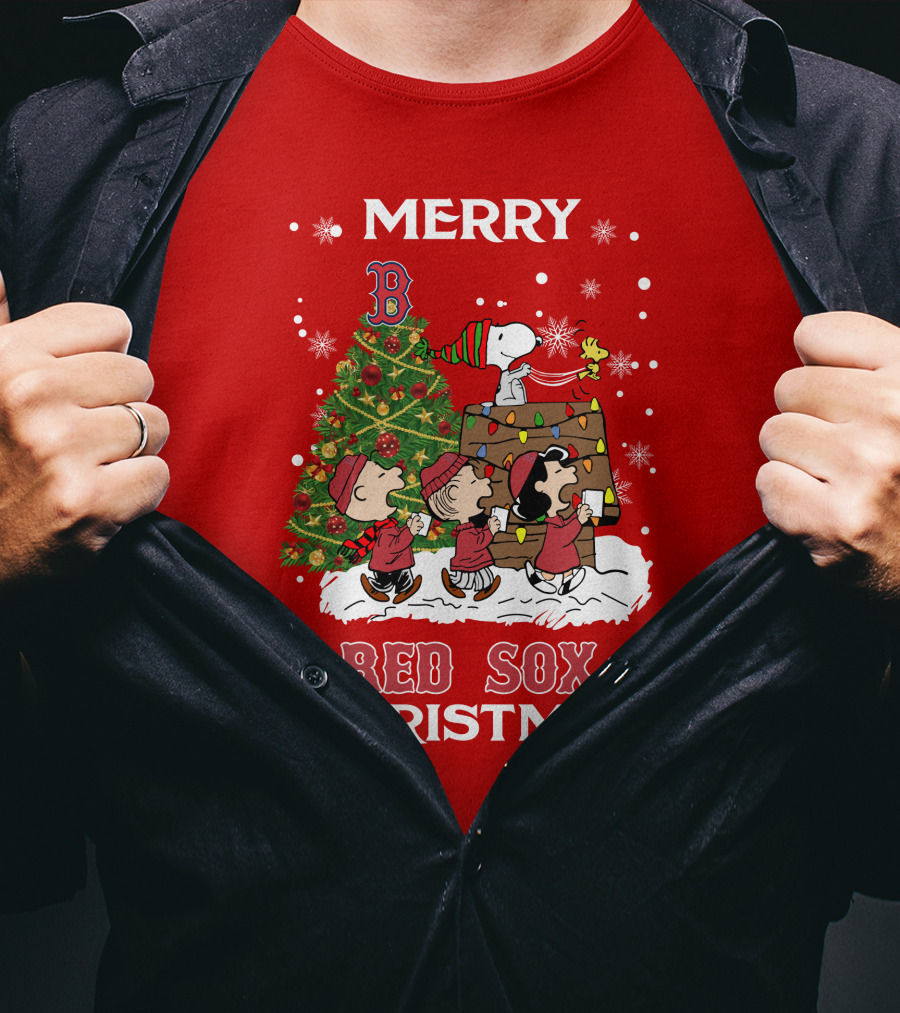 Merry Red Sox Christmas Tree With Snoopy And Friends T-Shirt
