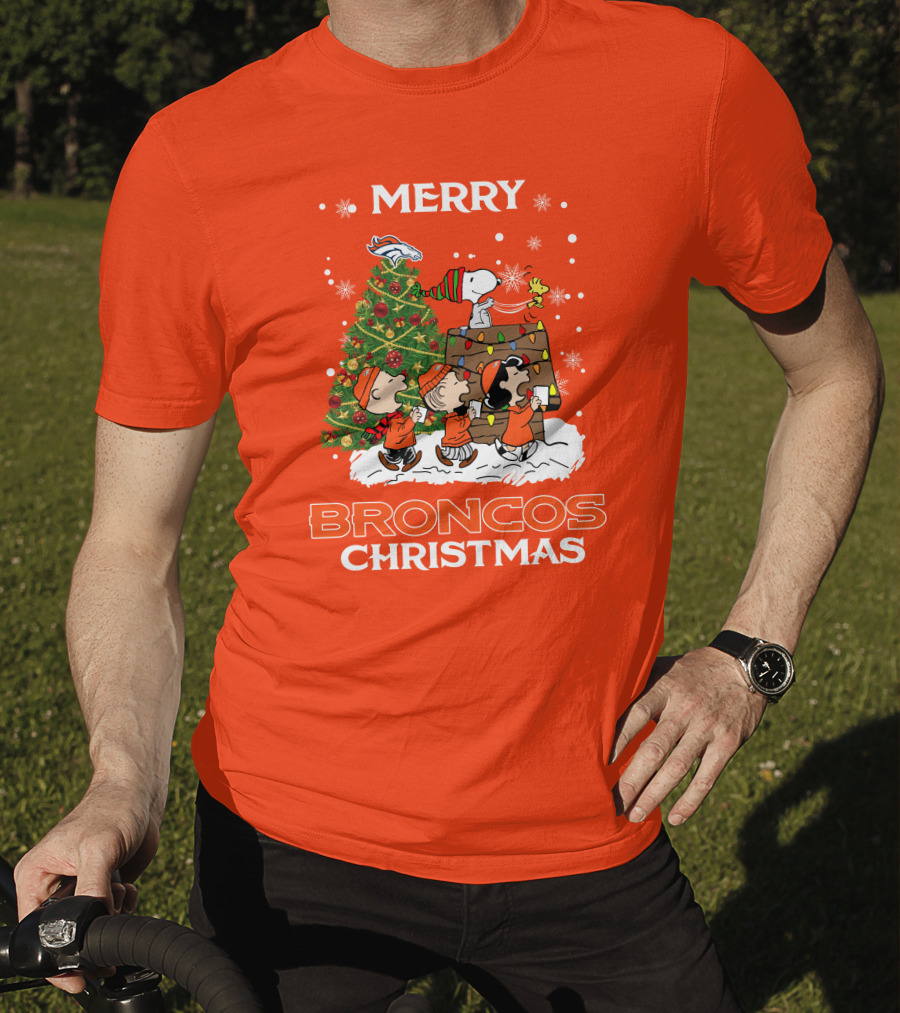 Merry Broncos Christmas Peanuts Tree Theme T-Shirt