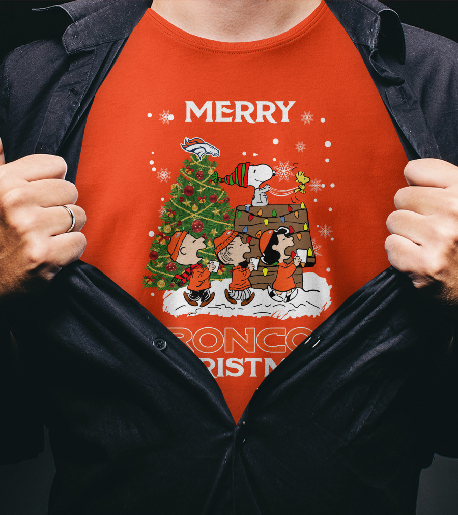 Merry Broncos Christmas Peanuts Tree Theme T-Shirt