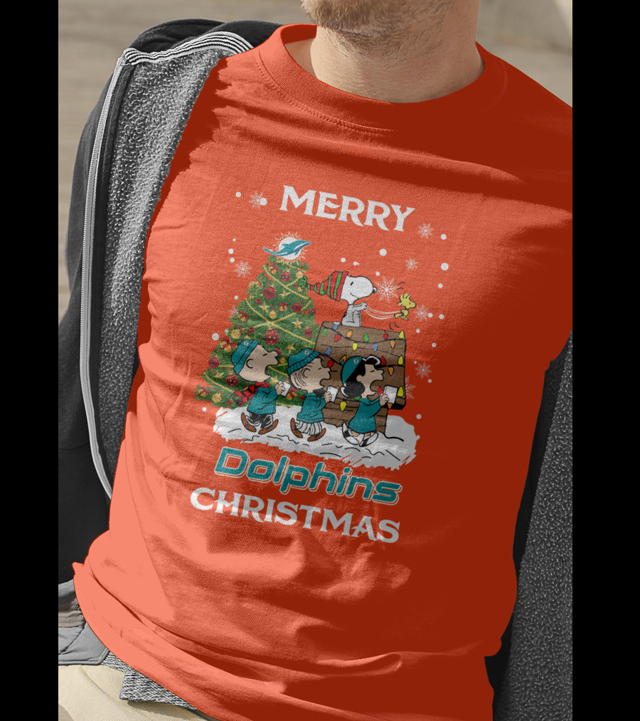 Merry Dolphins Christmas Peanuts Characters With Tree Miami T-Shirt