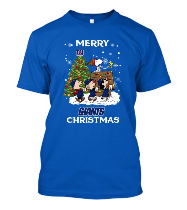 Merry New York Giants Christmas With Peanut Characters And Tree T-Shirt