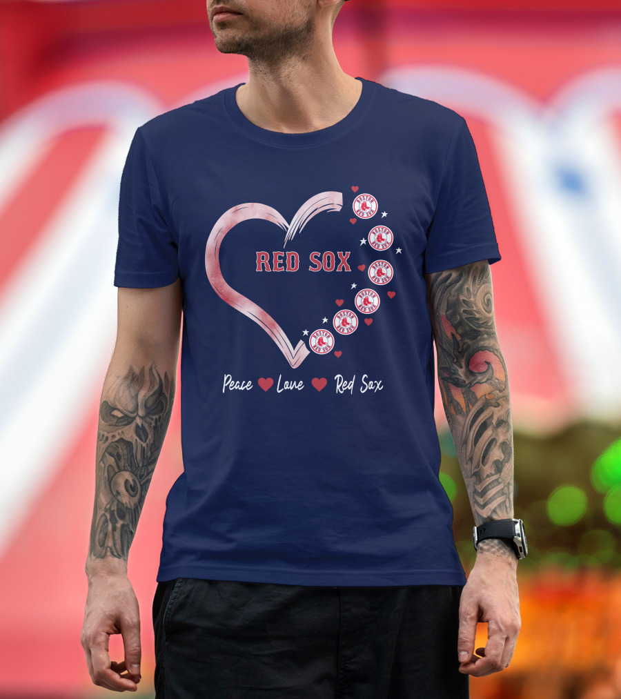 Peace Love Red Sox Heart With Boston Red Sox Logos And Stars T-Shirt