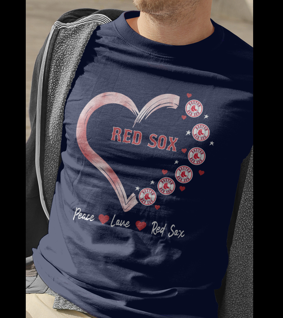 Peace Love Red Sox Heart With Boston Red Sox Logos And Stars T-Shirt