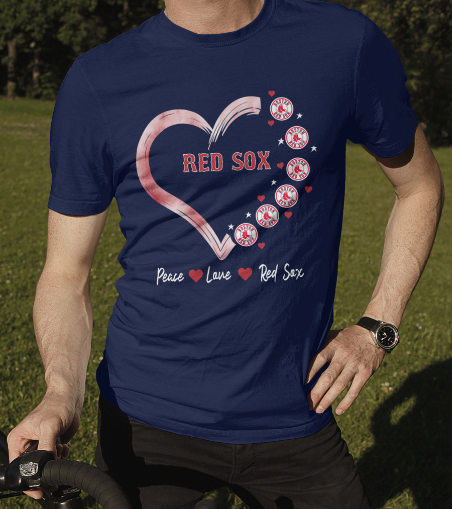 Peace Love Red Sox Heart With Boston Red Sox Logos And Stars T-Shirt