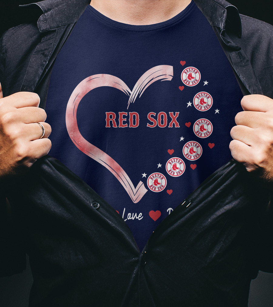 Peace Love Red Sox Heart With Boston Red Sox Logos And Stars T-Shirt