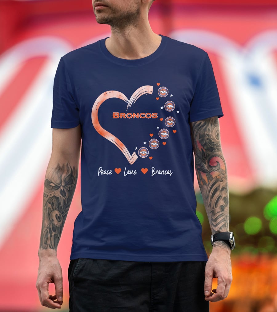 Peace Love Broncos Heart With Denver Broncos Logos And Stars T-Shirt