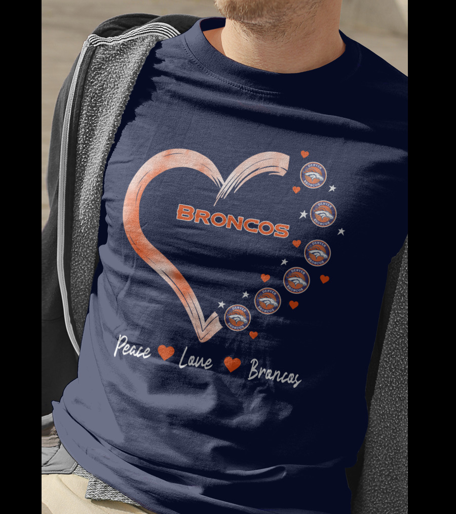 Peace Love Broncos Heart With Denver Broncos Logos And Stars T-Shirt