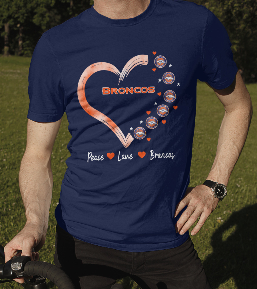 Peace Love Broncos Heart With Denver Broncos Logos And Stars T-Shirt