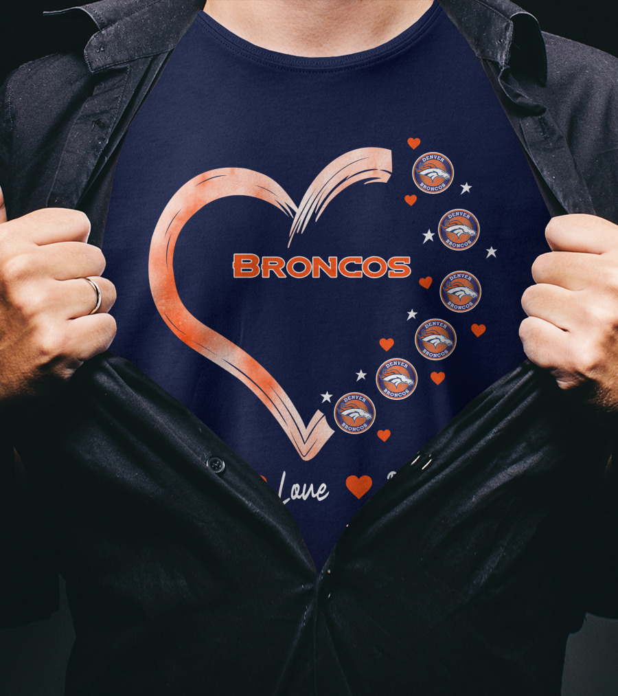 Peace Love Broncos Heart With Denver Broncos Logos And Stars T-Shirt