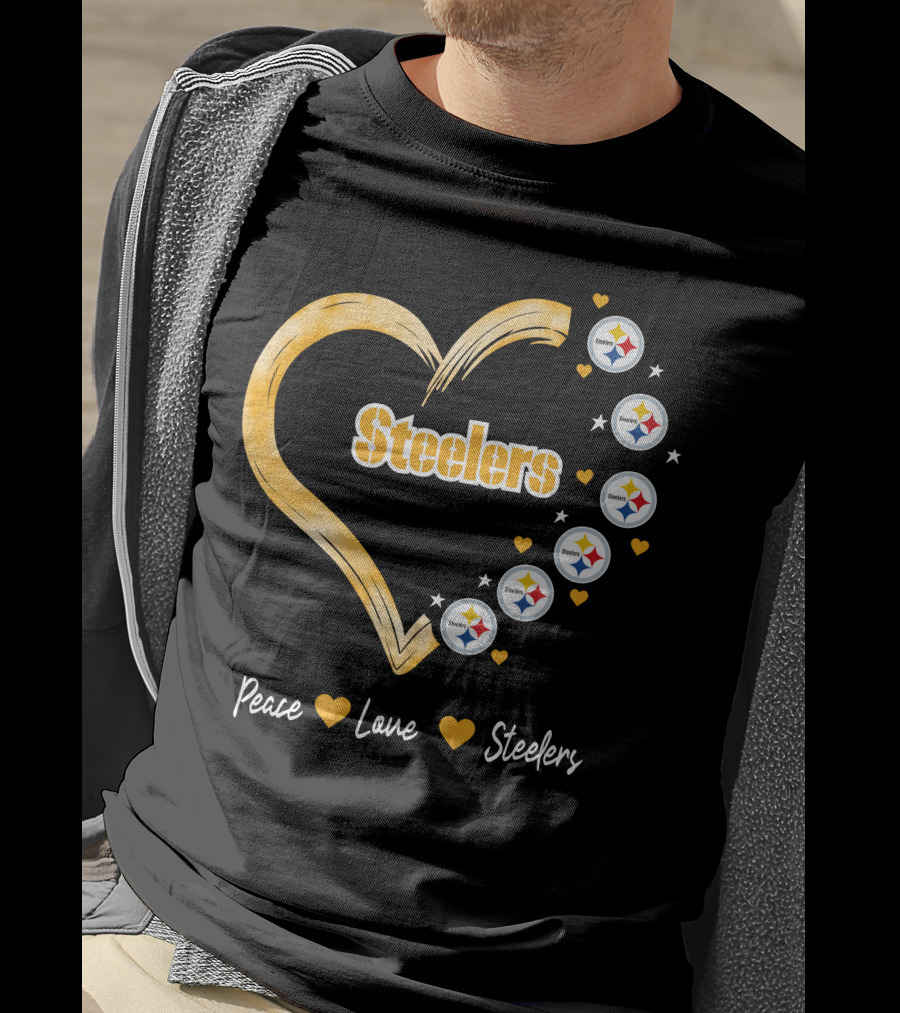 Peace Love Steelers Heart Filled With Pittsburgh Steelers Logos And Stars T-Shirt