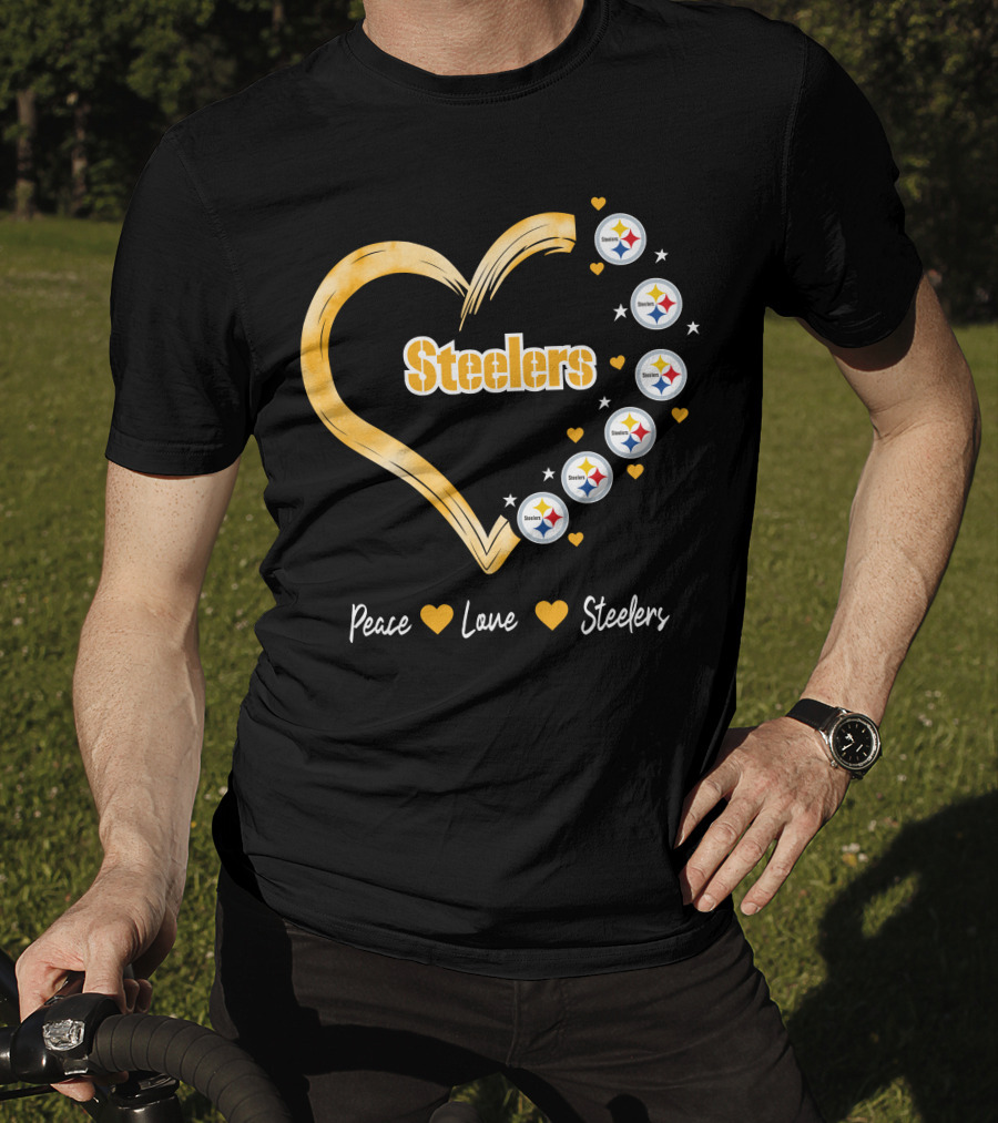 Peace Love Steelers Heart Filled With Pittsburgh Steelers Logos And Stars T-Shirt