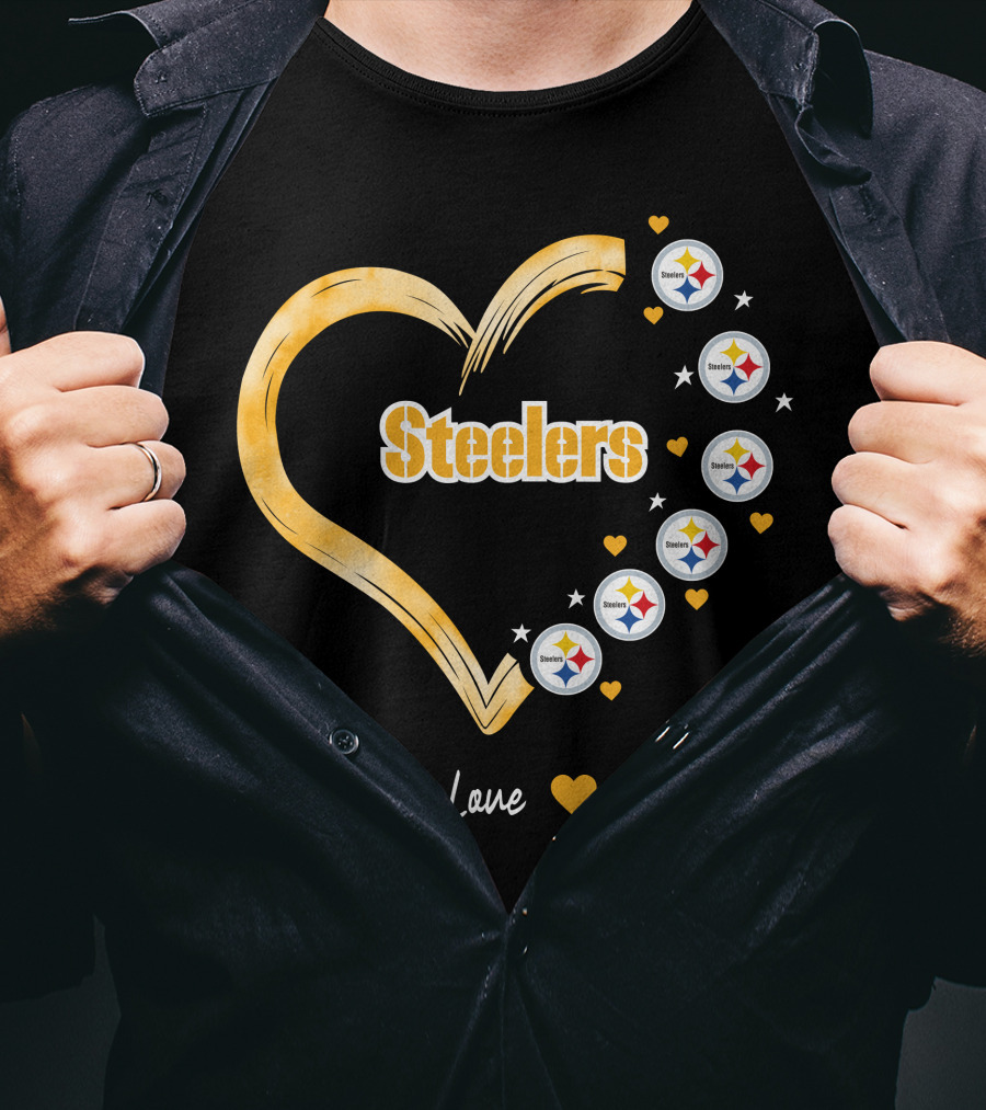 Peace Love Steelers Heart Filled With Pittsburgh Steelers Logos And Stars T-Shirt