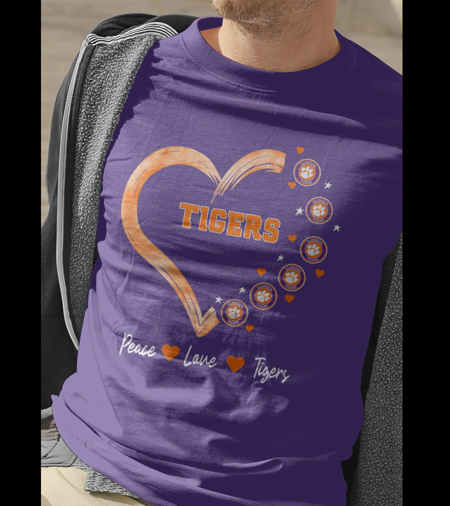Peace Love Clemson Football Tigers Heart Paw Prints T-Shirt