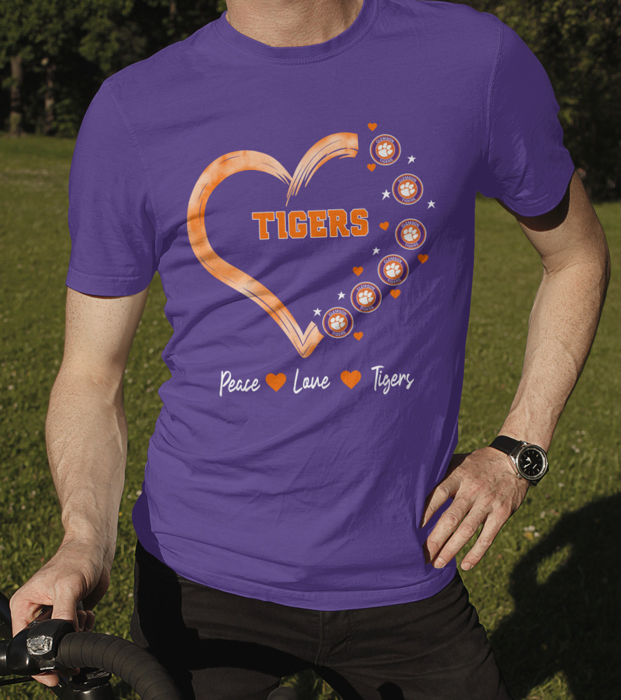 Peace Love Clemson Football Tigers Heart Paw Prints T-Shirt