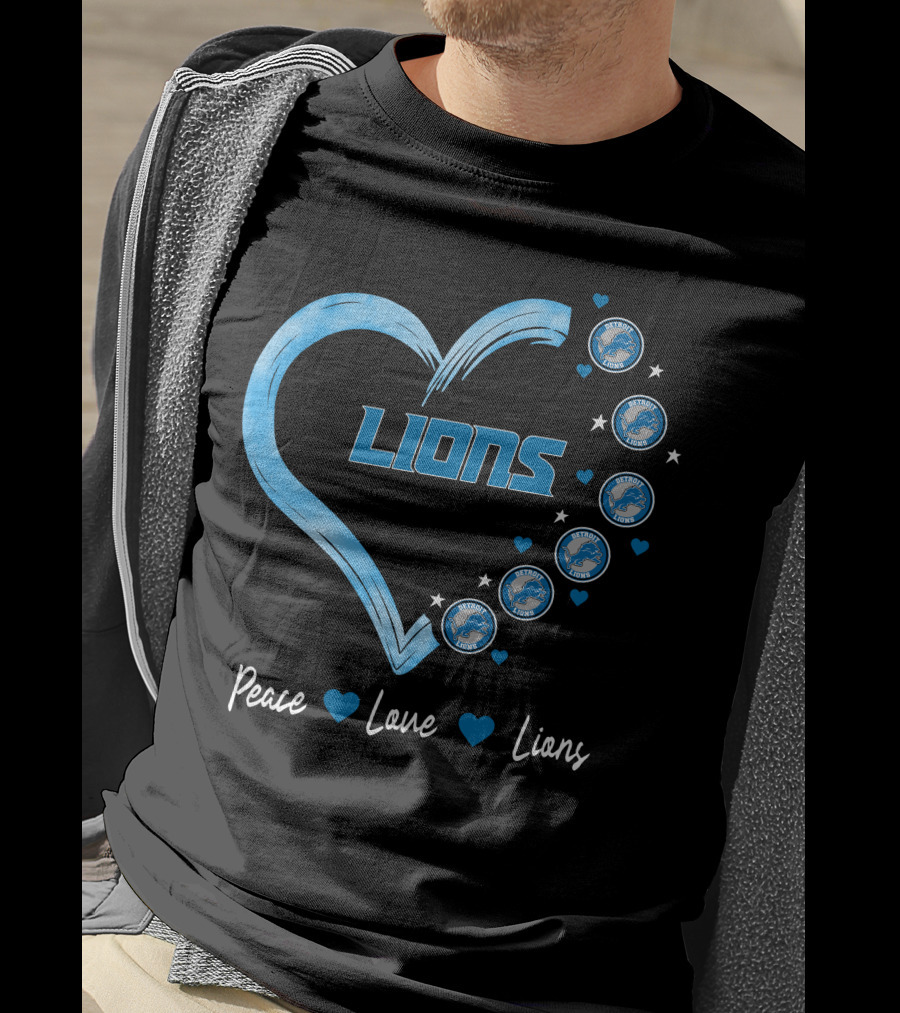 Peace Love Detroit Lions Retro Heart Fan Emblem T-Shirt