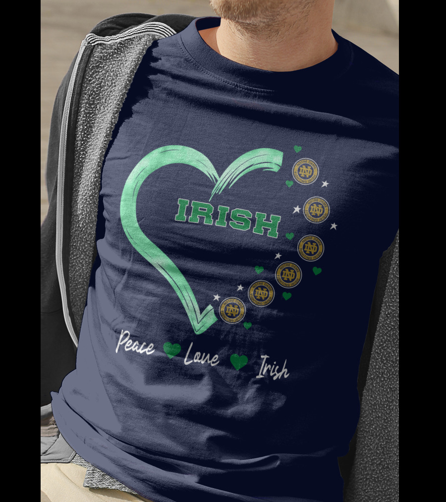 Peace Love Irish Notre Dame Fighting Irish Logos And Heart T-Shirt
