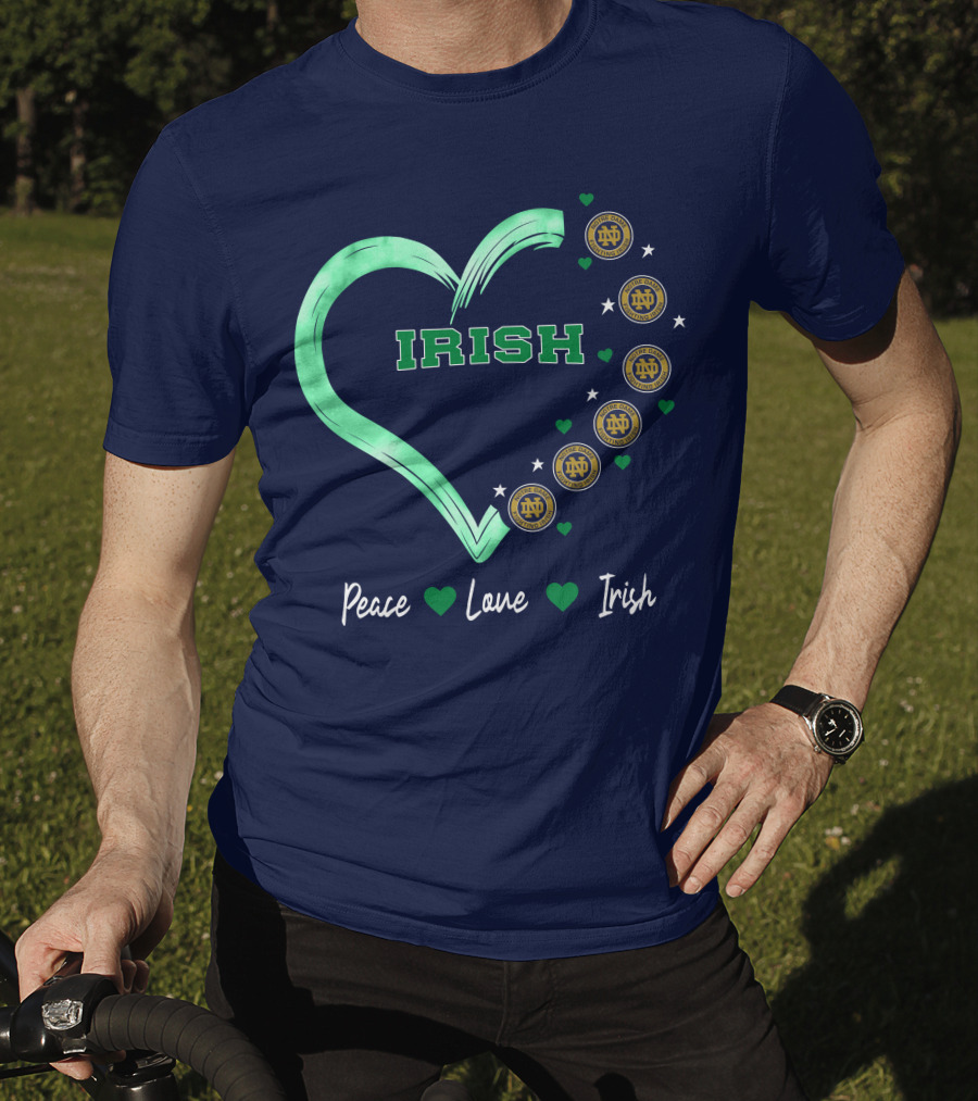 Peace Love Irish Notre Dame Fighting Irish Logos And Heart T-Shirt