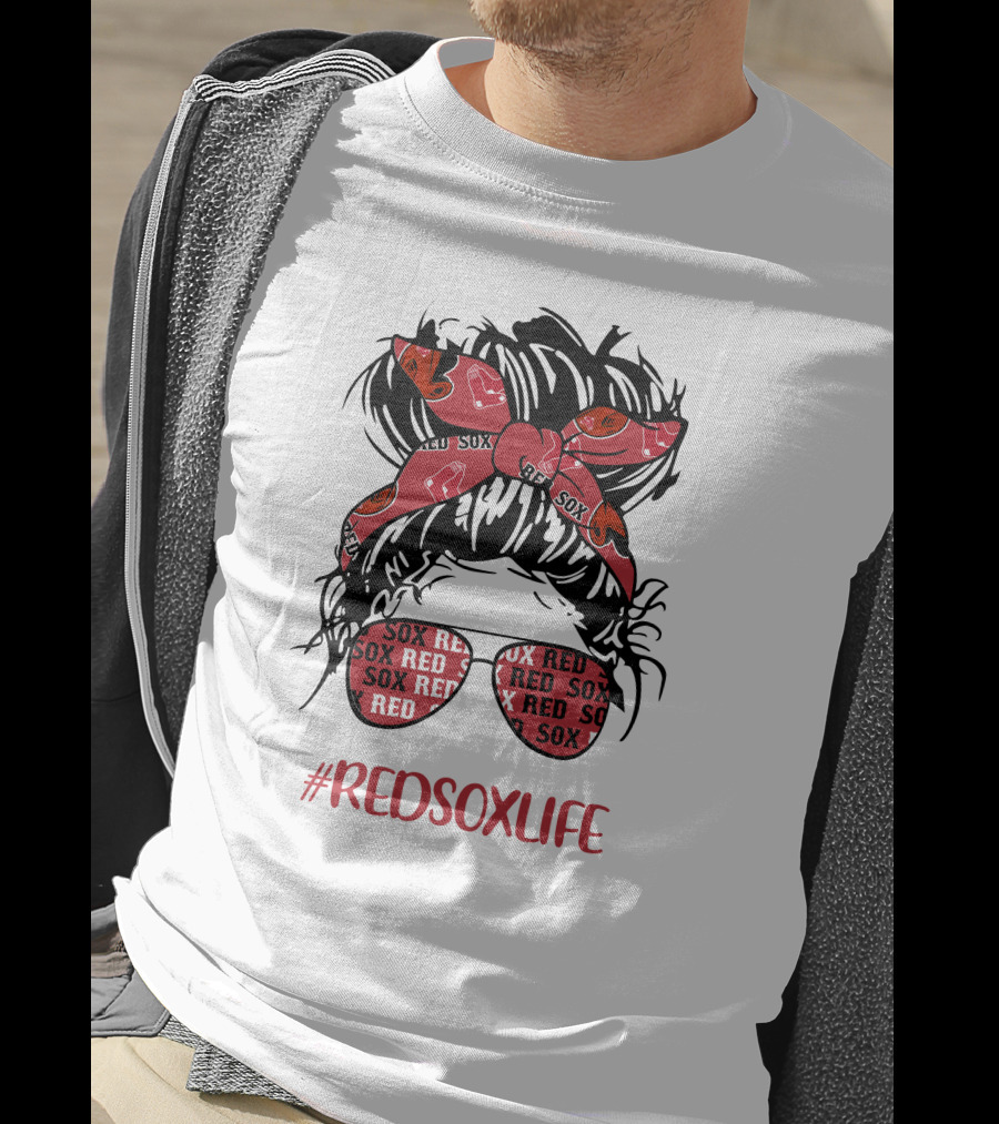 Boston Red Sox Messy Bun Girl With Headband Glasses #Redsoxlife T-Shirt