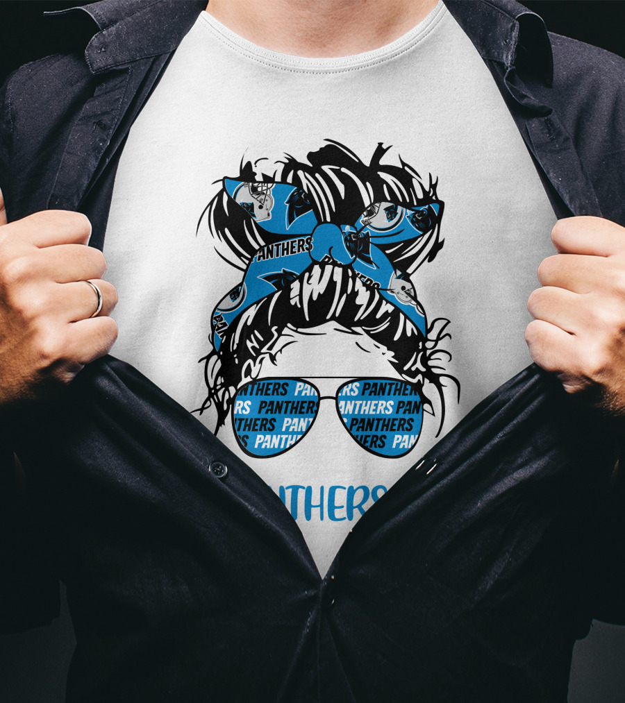 PanthersLife Messy Bun Girl With Panthers Headband And Glasses T-Shirt
