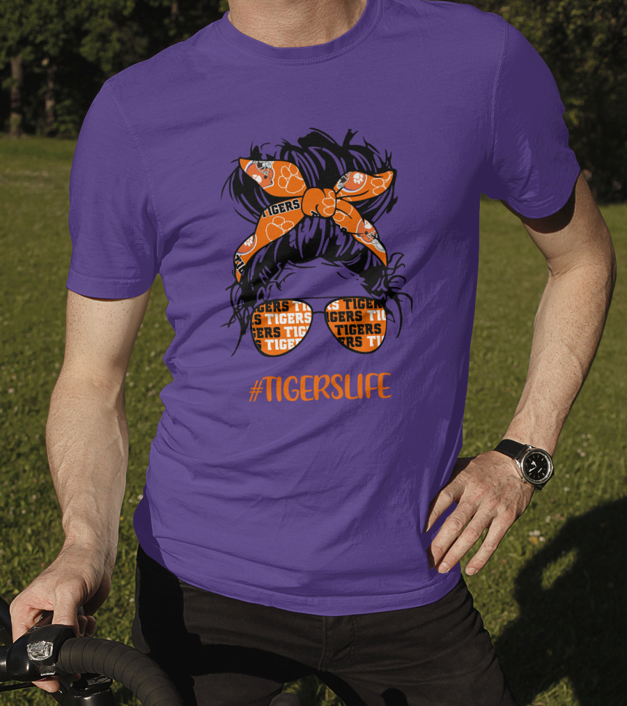 TigersLife Clemson Tigers Messy Bun Girl With Headband And Glasses T-Shirt