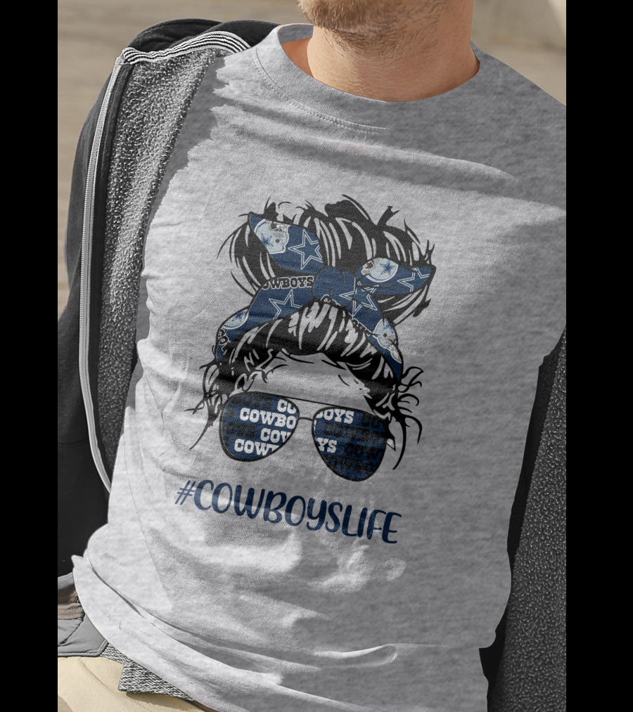 CowboysLife Messy Bun Girl Headband Glasses Dallas Cowboys T-Shirt