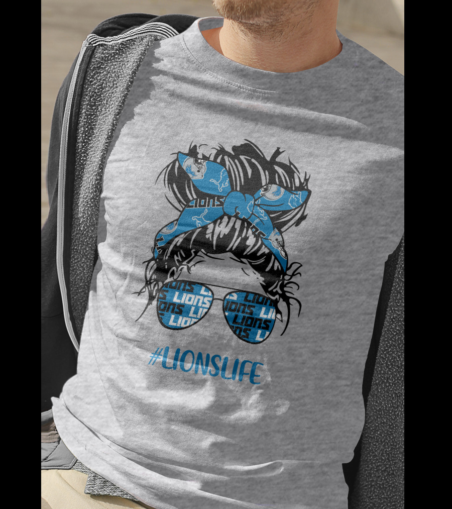Detroit Lions Life Messy Bun Girl With Lions Headband And #LIONSLIFE Glasses T-Shirt