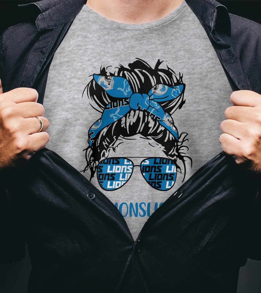 Detroit Lions Life Messy Bun Girl With Lions Headband And #LIONSLIFE Glasses T-Shirt