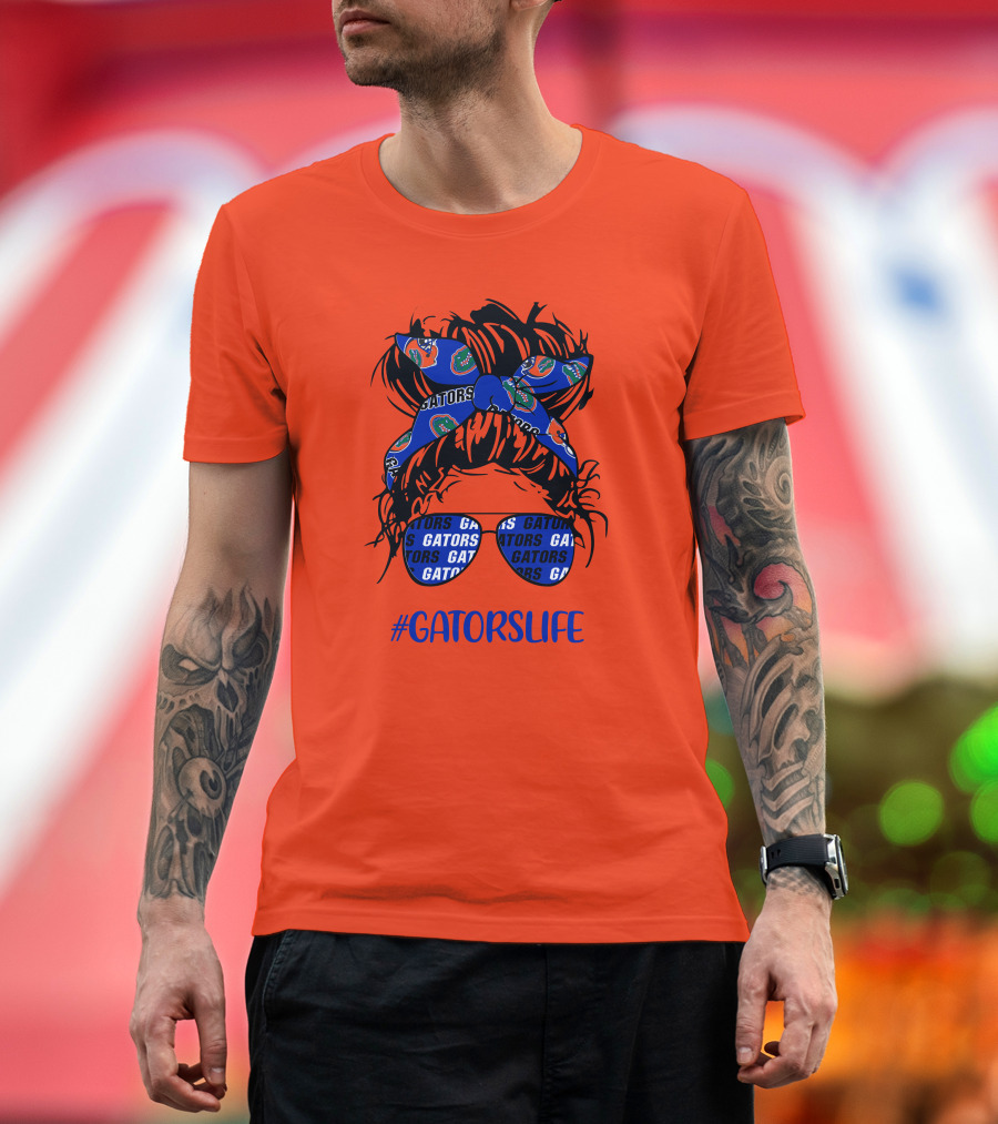 GATORS LIFE Messy Bun Girl with Gators Headband and Glasses T-Shirt
