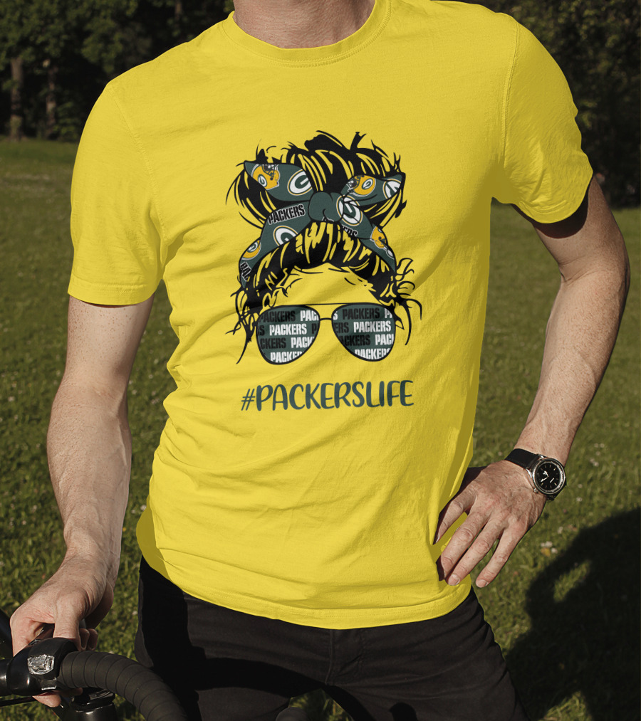 PACKERSLIFE Messy Bun Girl With Packers Headband And Glasses T-Shirt