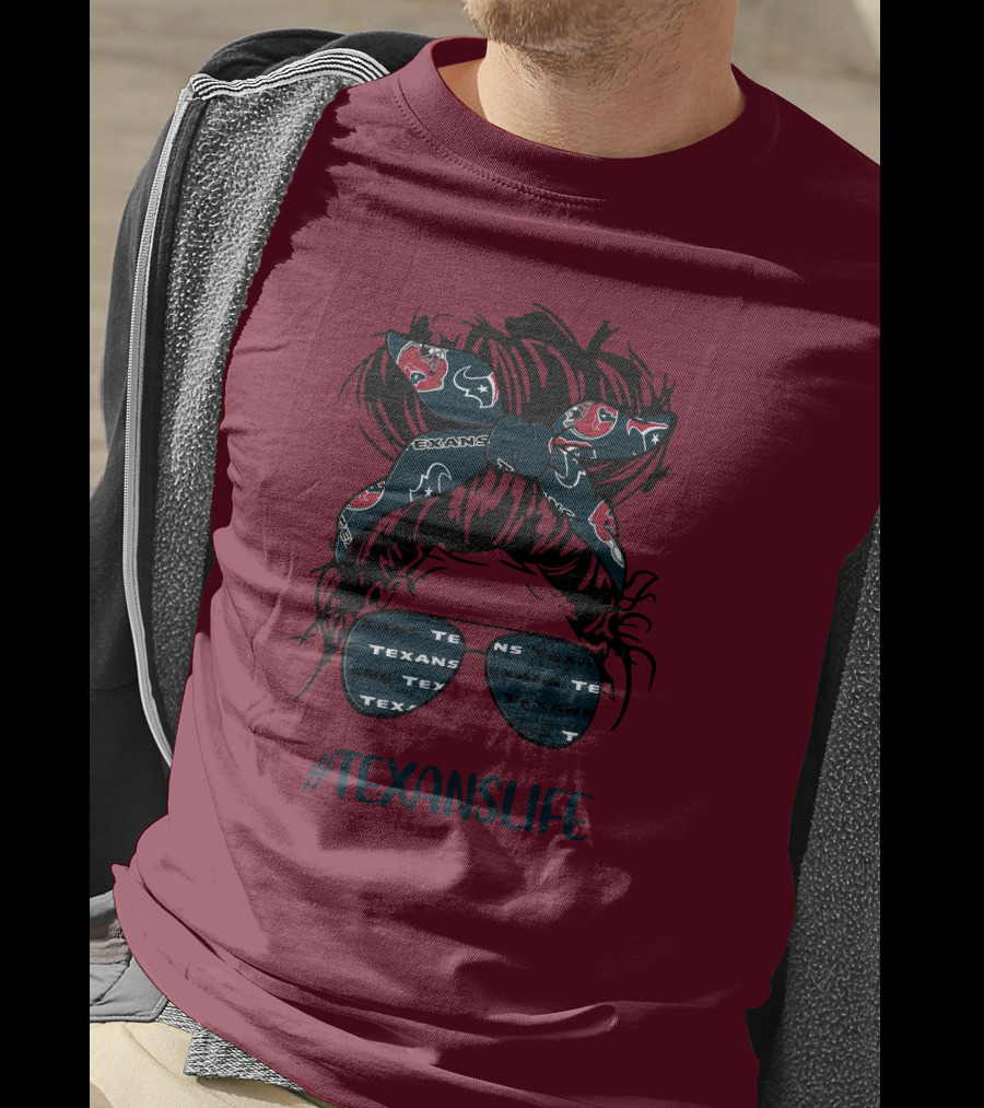 Houston Texans Hashtag Texanslife Messy Bun Headband Glasses T-Shirt
