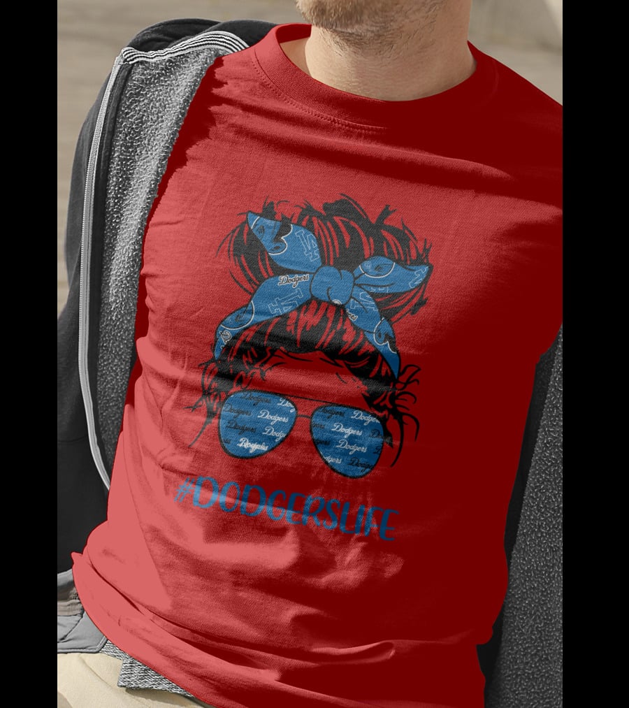 DODGERSLIFE Messy Bun Girl With Dodgers Headband And Glasses T-Shirt