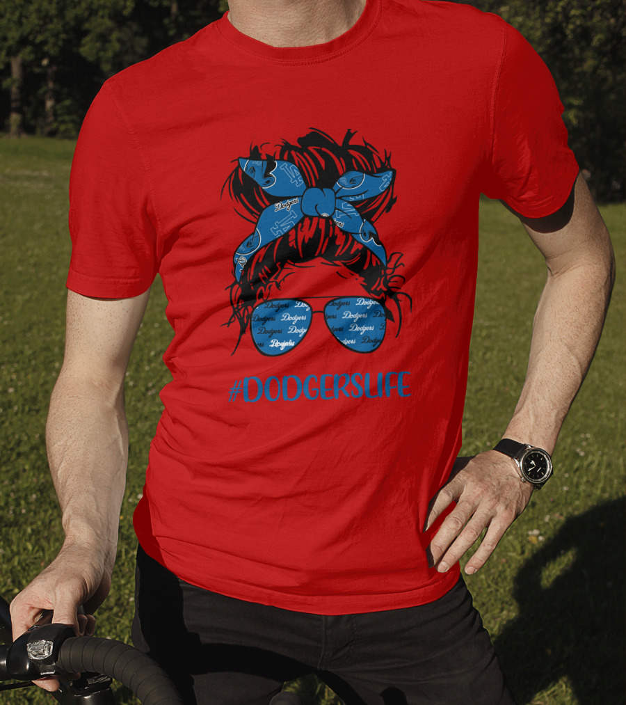 DODGERSLIFE Messy Bun Girl With Dodgers Headband And Glasses T-Shirt