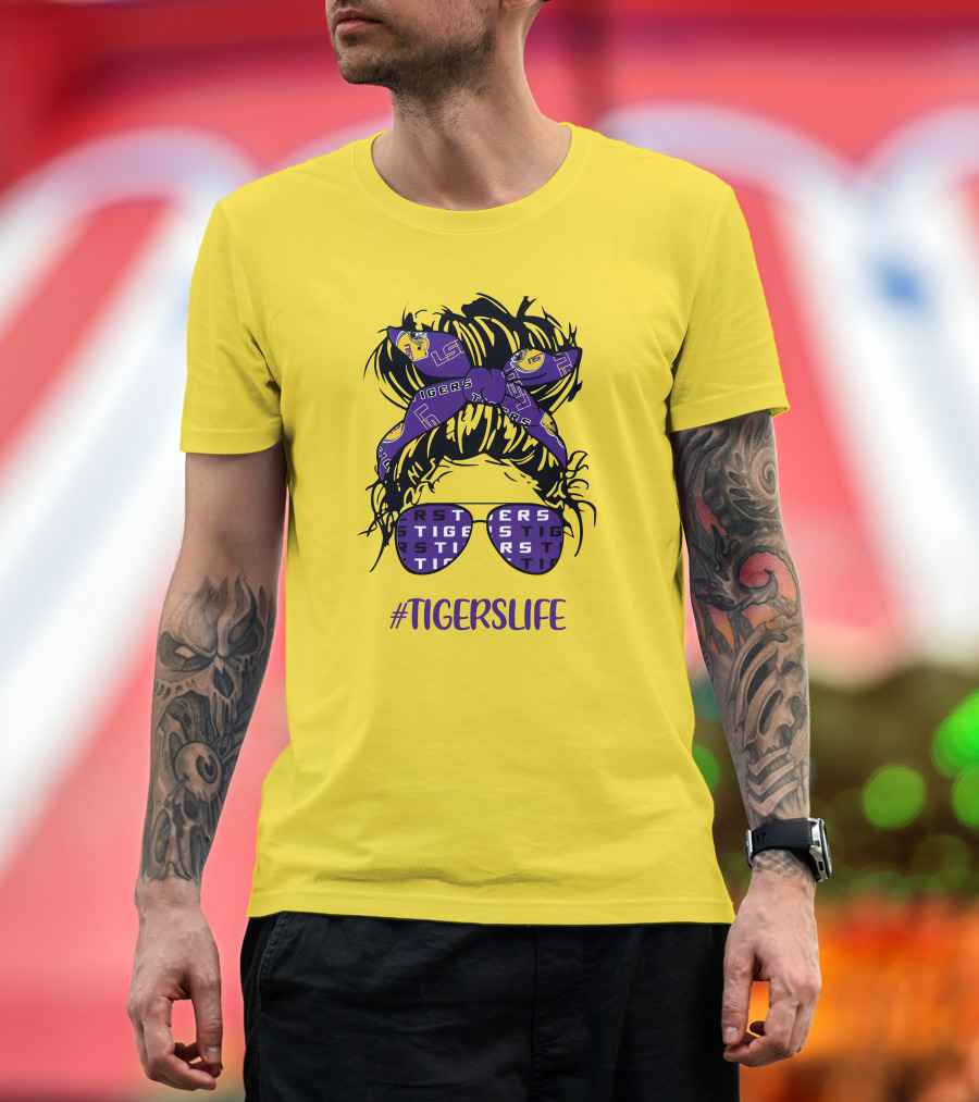 TIGERSLIFE LSU Messy Bun Girl Headband Glasses T-Shirt